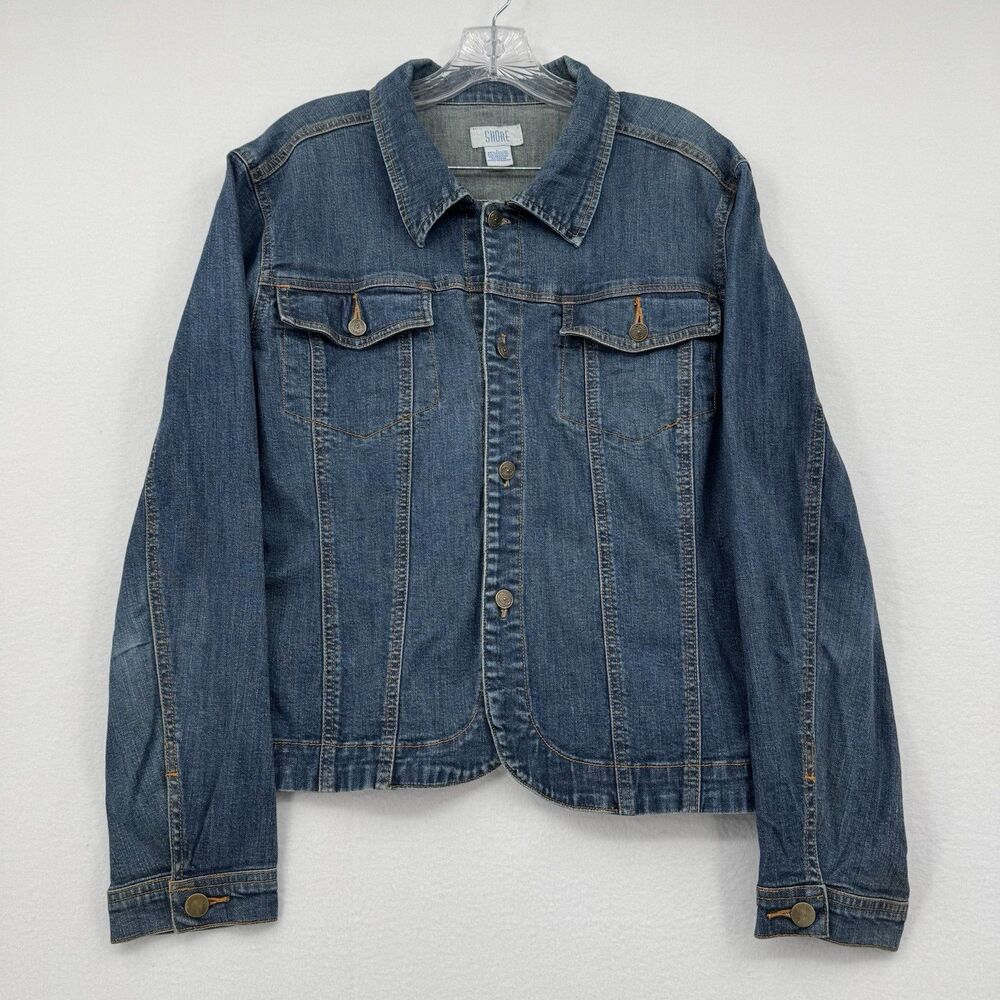 Shore Denim Jacket Women Size L Medium Wash Stretch Button Front Classic Boho